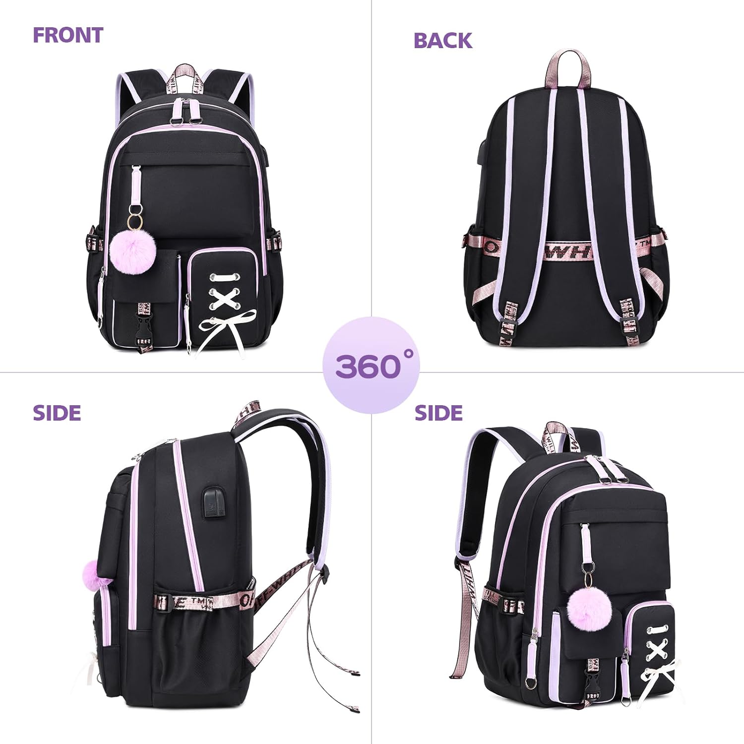 Backpack for Girls Women College Laptop Backpacks Girl Cute School Bag Set with Lunch Box Kids Bookbag with USB Charging Port College Middle High School Backpack for Teen Girls Travel Daypack (Black) - Image 9
