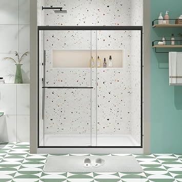 Double Sliding Shower Door, 56" - 60" W x 70" H Semi-Frameless Glass Shower Door with 1/4" Clear SGCC Tempered Glass, Easy to Clean & Easy to Install, Matte Black