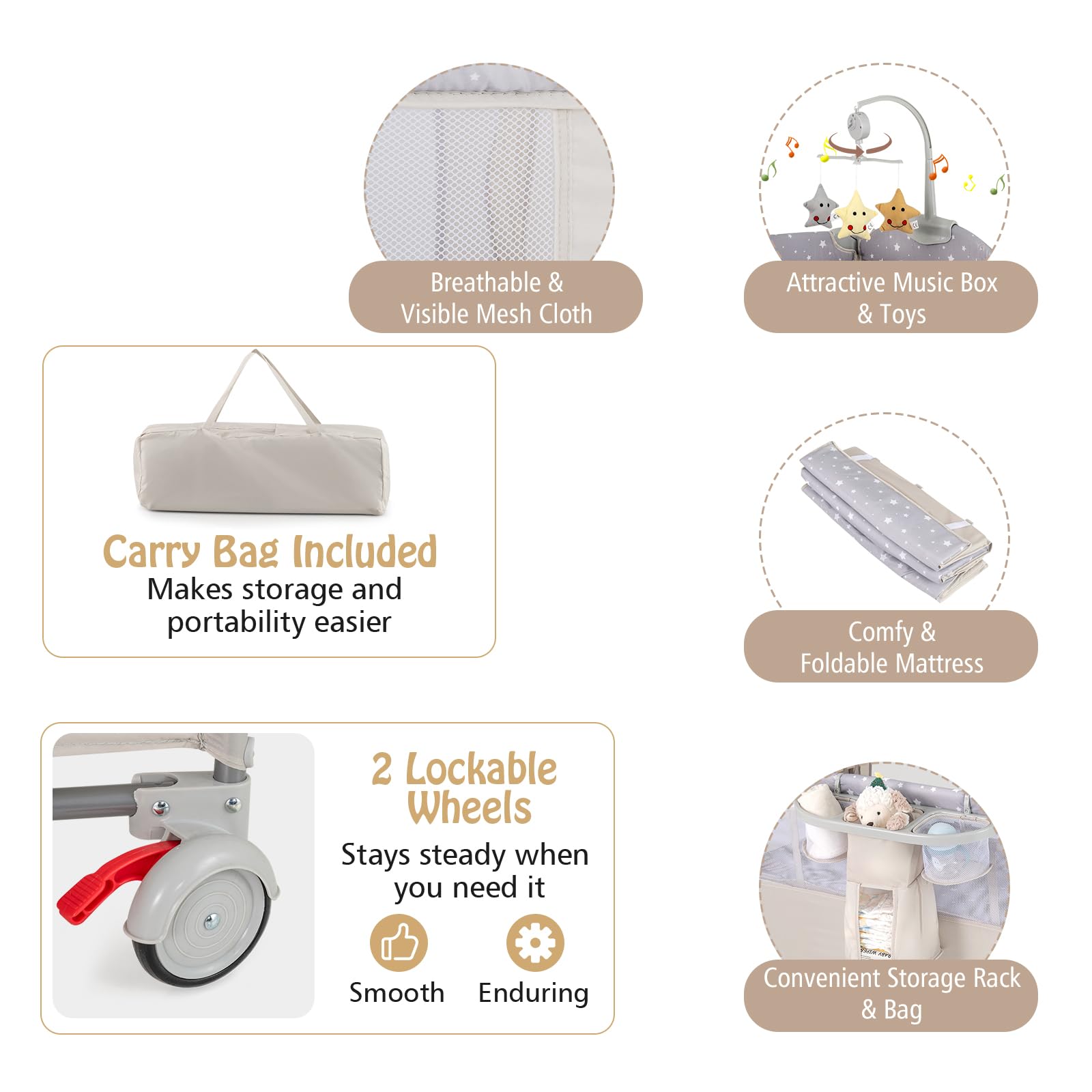 LIFEZEAL Lettino da Campeggio, Lettino per Bambini 0-3 Anni, Culla da Viaggio, Box, Co-sleeping, con Materasso, Fasciatoio, Giostrina, Ruote, Borsa, Pieghevole, Portatile, 125x65x119 cm (beige)
