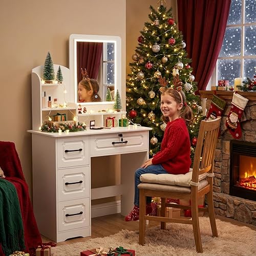 Miniatura 2 de Tocador blanco con espejo iluminado, tocador grande con 6 estantes abiertos y 4 cajones, escritorio de maquillaje espacioso para almacenamiento de