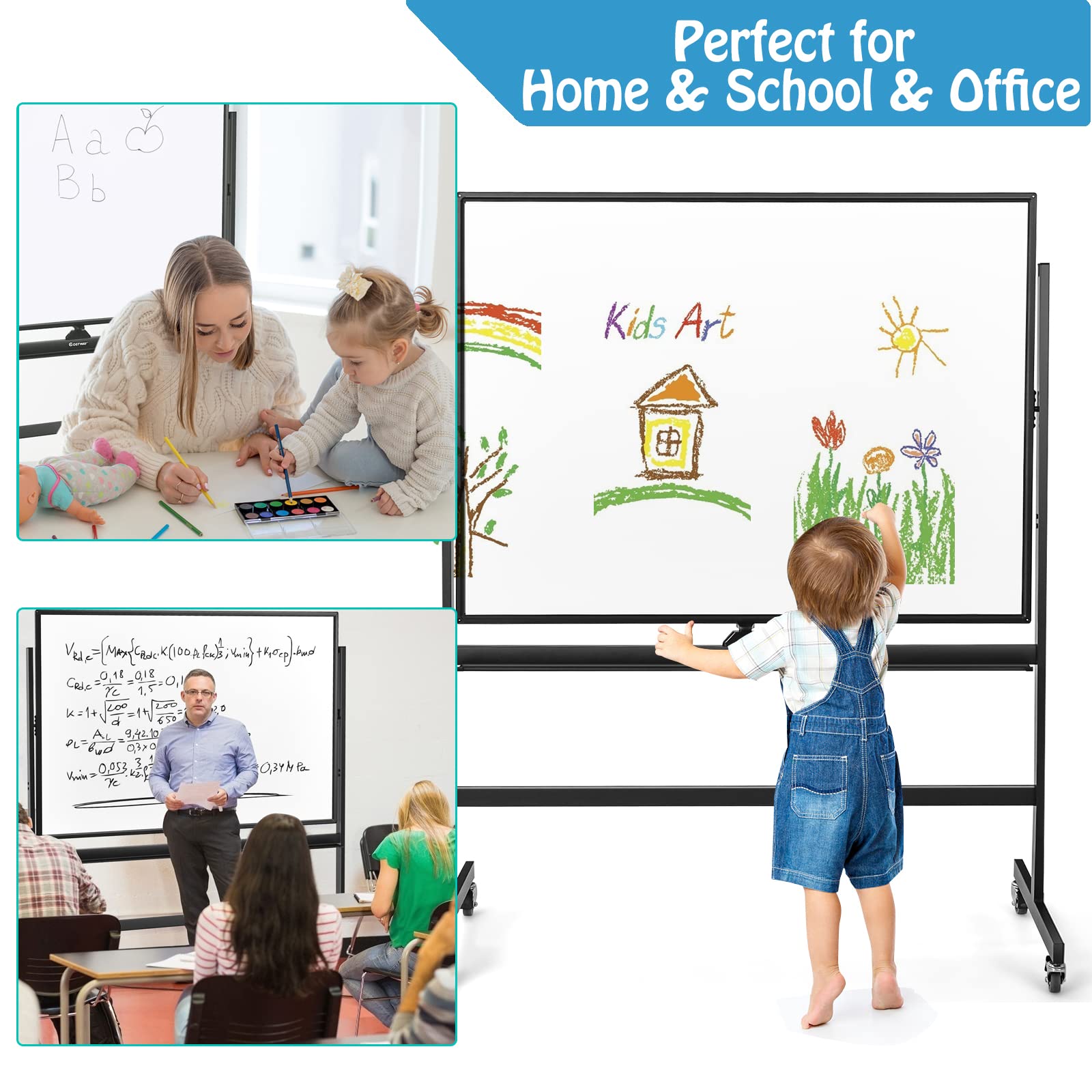 LIFEZEAL Mobiles Whiteboard, Doppelseitige Magnettafel mit Ständer, Magnetische Tafel höhenverstellbar & 360° drehbar, Magnetwand mit Stiftablage, magnetische Weißtafel (Schwarz, 120×90×161-181 cm)