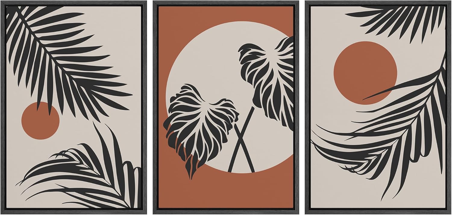 NWT Framed Canvas Print Wall Art Set Mid-Century Modern Tropical Jungle Palm Leaf Nature Wilderness Illustrations Modern Art Decorative Minimalist Floral Botanical for Bedroom - 16"x24"x3 Black