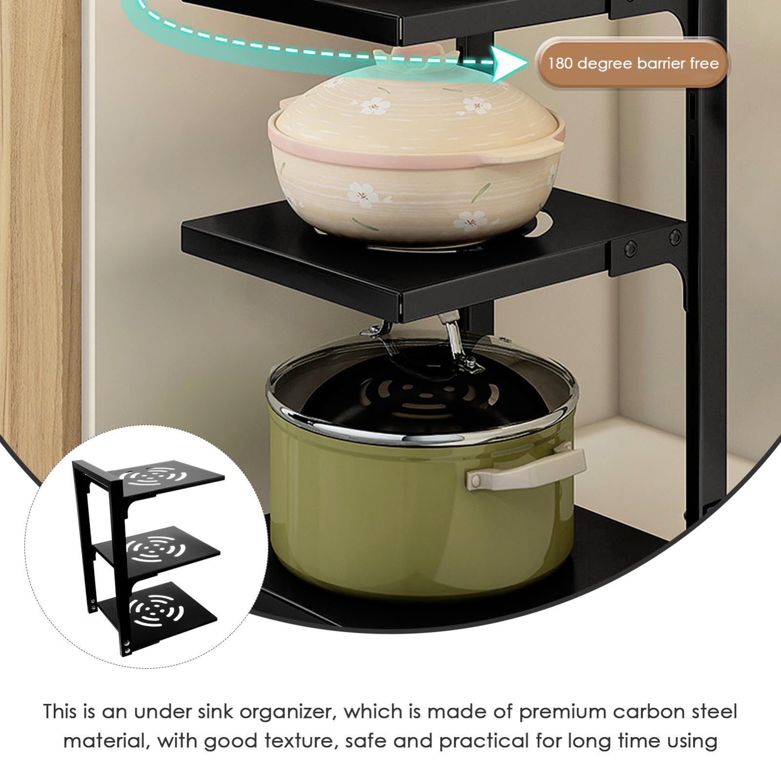 KICHOUSE Organizer in Acciaio al Carbonio per Pentole e Padelle a 3 Livelli Nero Spaziatura Regolabile per Ottimizzare lo Spazio per Cucina o Sotto Lavabo