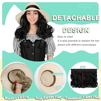 Qlenkay Straw Sun Hat with 10in Synthetic Hair Extension Short Wavy Curly Wig Wide Brim Women Adjustable Cap Detachable Hairpiece for Summer Travel Dark Black
