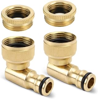 Erzekrim 2 conectores de latón para grifo de 1/2" y 3/4", ángulo de 90°, rosca interior, adaptador de manguera de jardín, conector giratorio de 360° para manguera de manguera, grifo