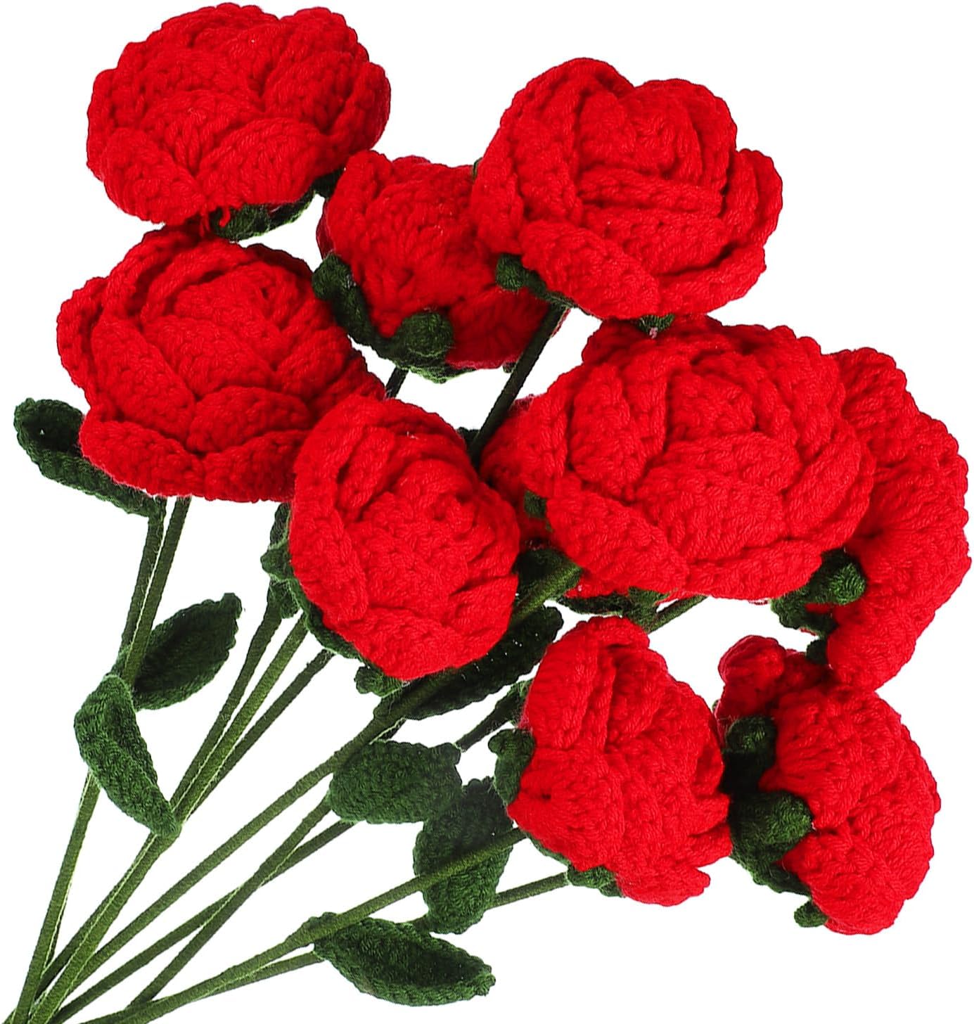 MECCANIXITY Crochet Flowers Handmade Knitting Rose Artificial Woven Small Potted with Stems for Valentine's Gifts Home Wedding Party Office Table Decor, White Count 10