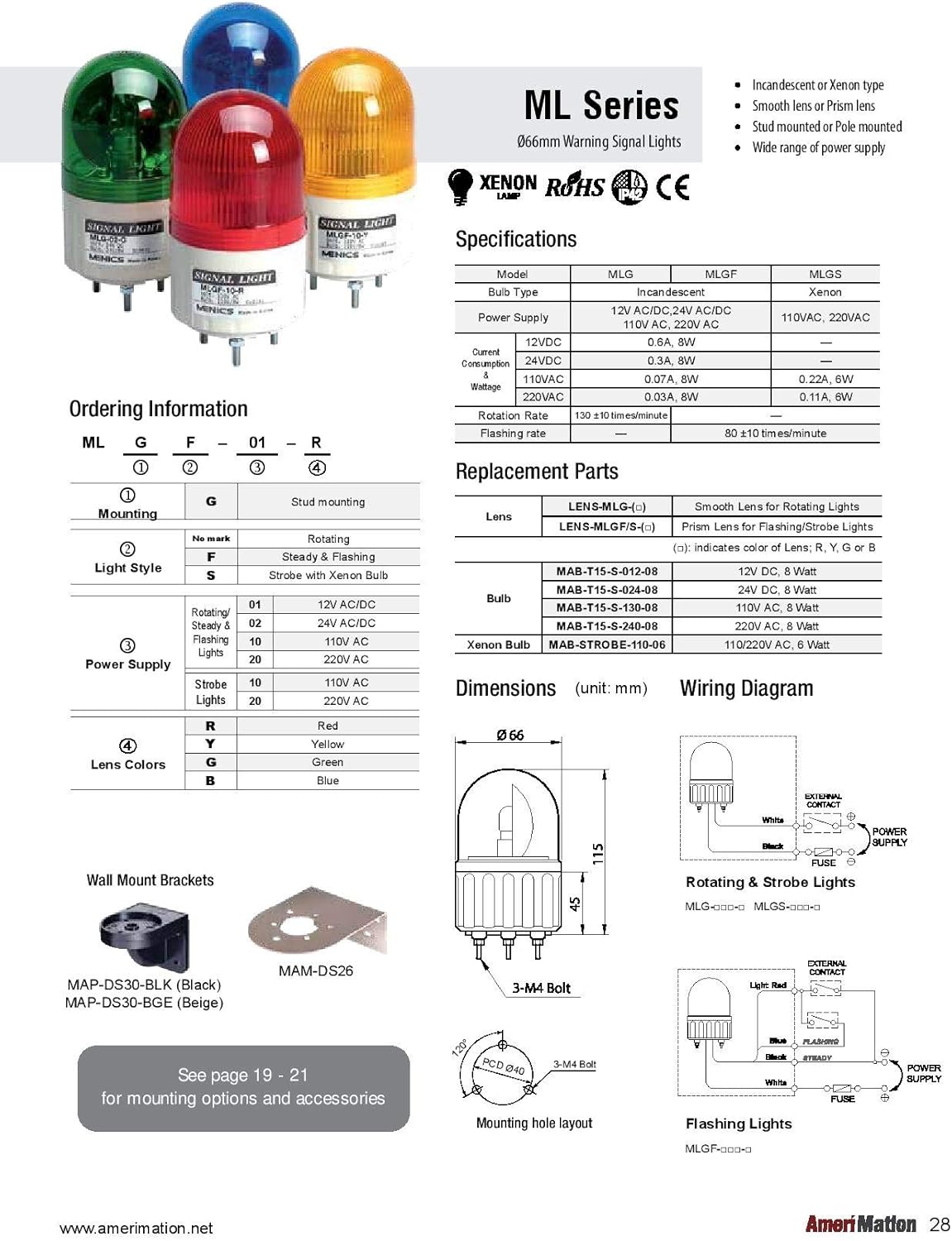 MLG-02-R 24V AC/DC 8W, 66MM RED Lens, Beacon Rotating Light, Incandescent Bulb, Stud Mount
