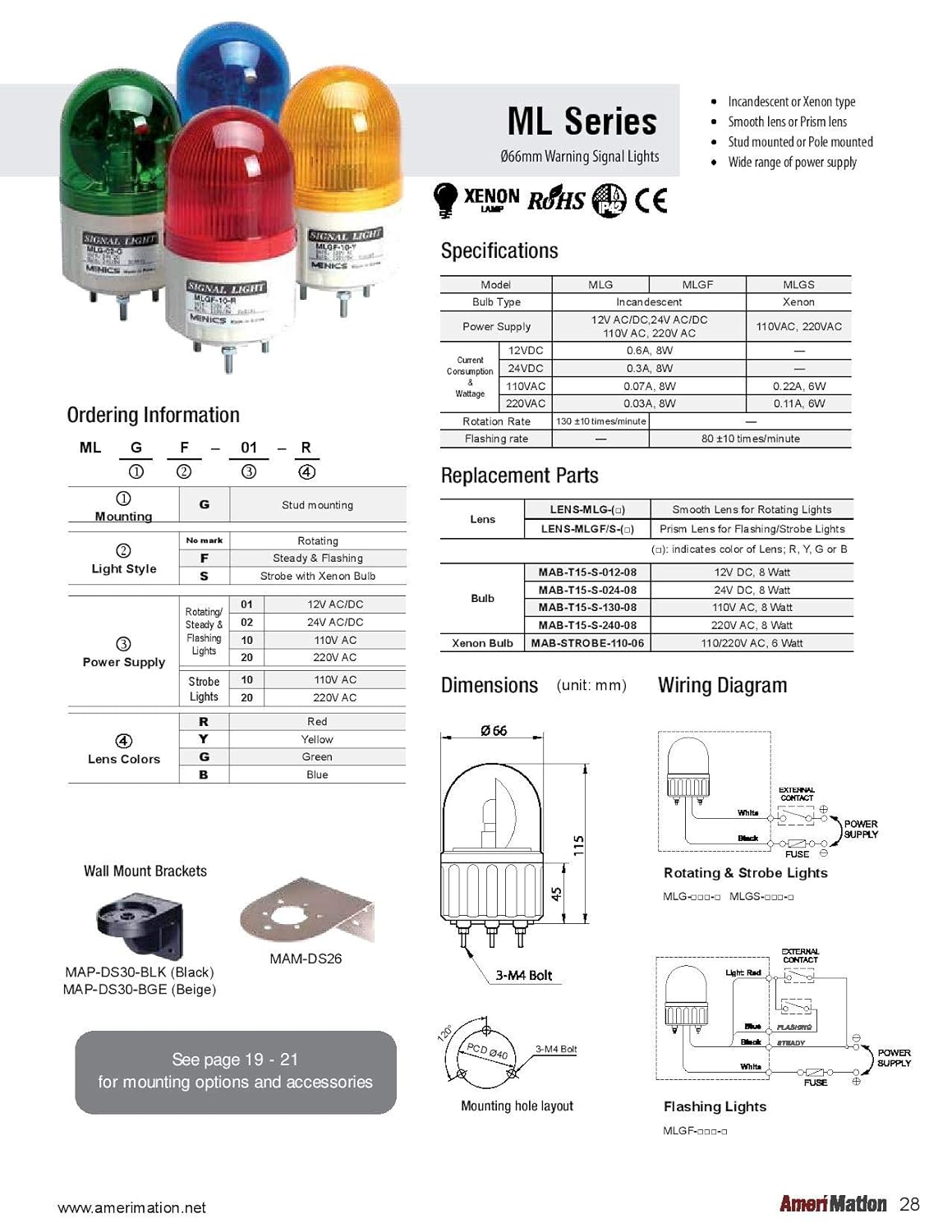MLG-01-Y, Beacon Rotating Light, 66mm Yellow Lens, Stud Mount, Incandescent Bulb, 12V AC/DC 8W