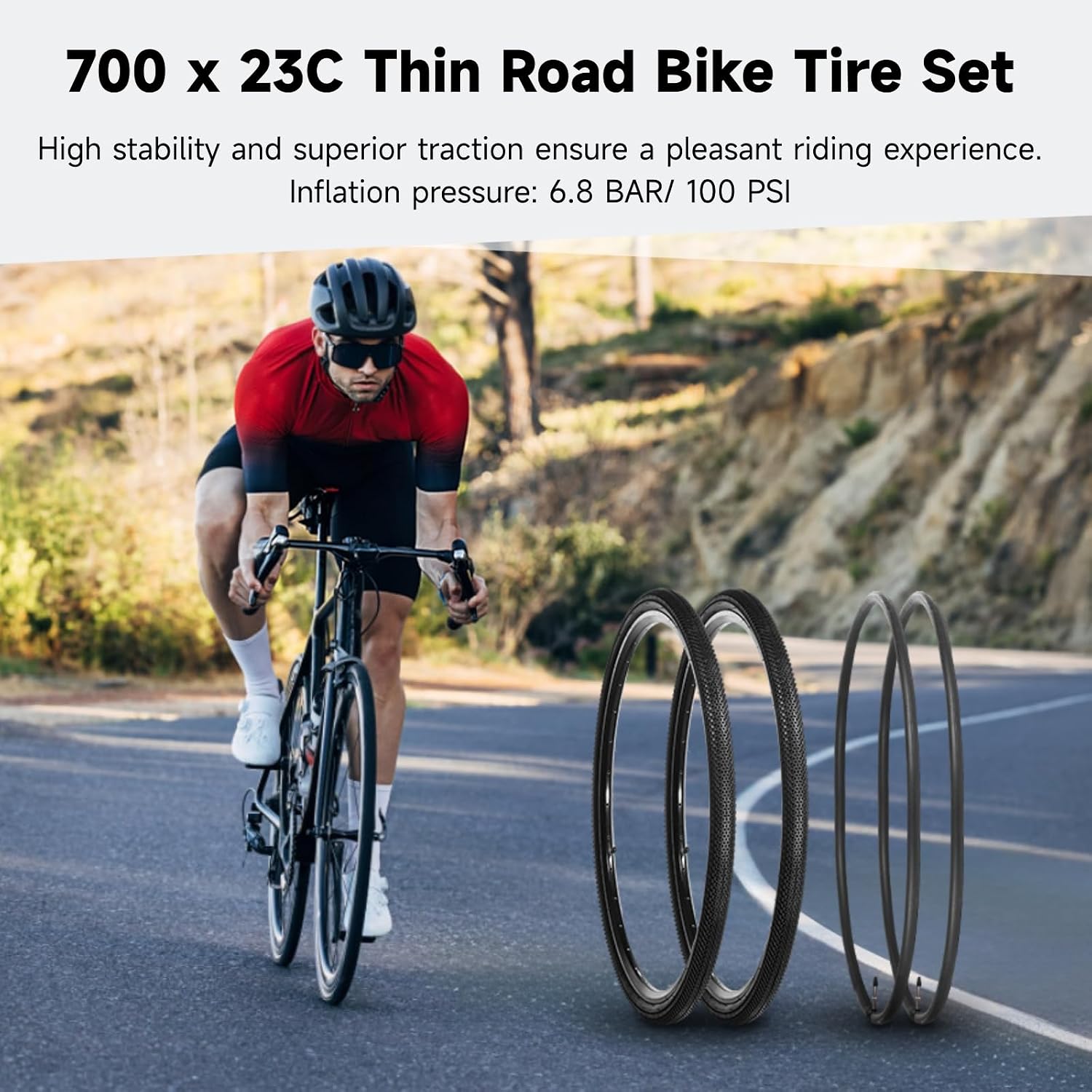 Yeesport 700x23c Road Bike Tires & Tubes 2 Pack Presta Valve Rim Strips