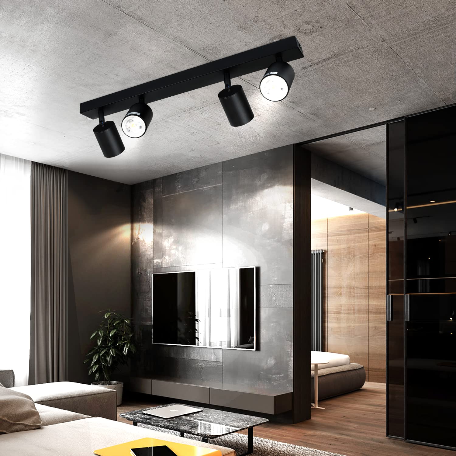 Glitzerlife Deckenstrahler 4 Flammig Deckenlampe Schwarz - Deckenleuchte GU10 Deckenspot Modern Schwenkbar 350° MAX.25W Küchenlampe Spot für Wohnzimmer Schlafzimmer Küche Flur