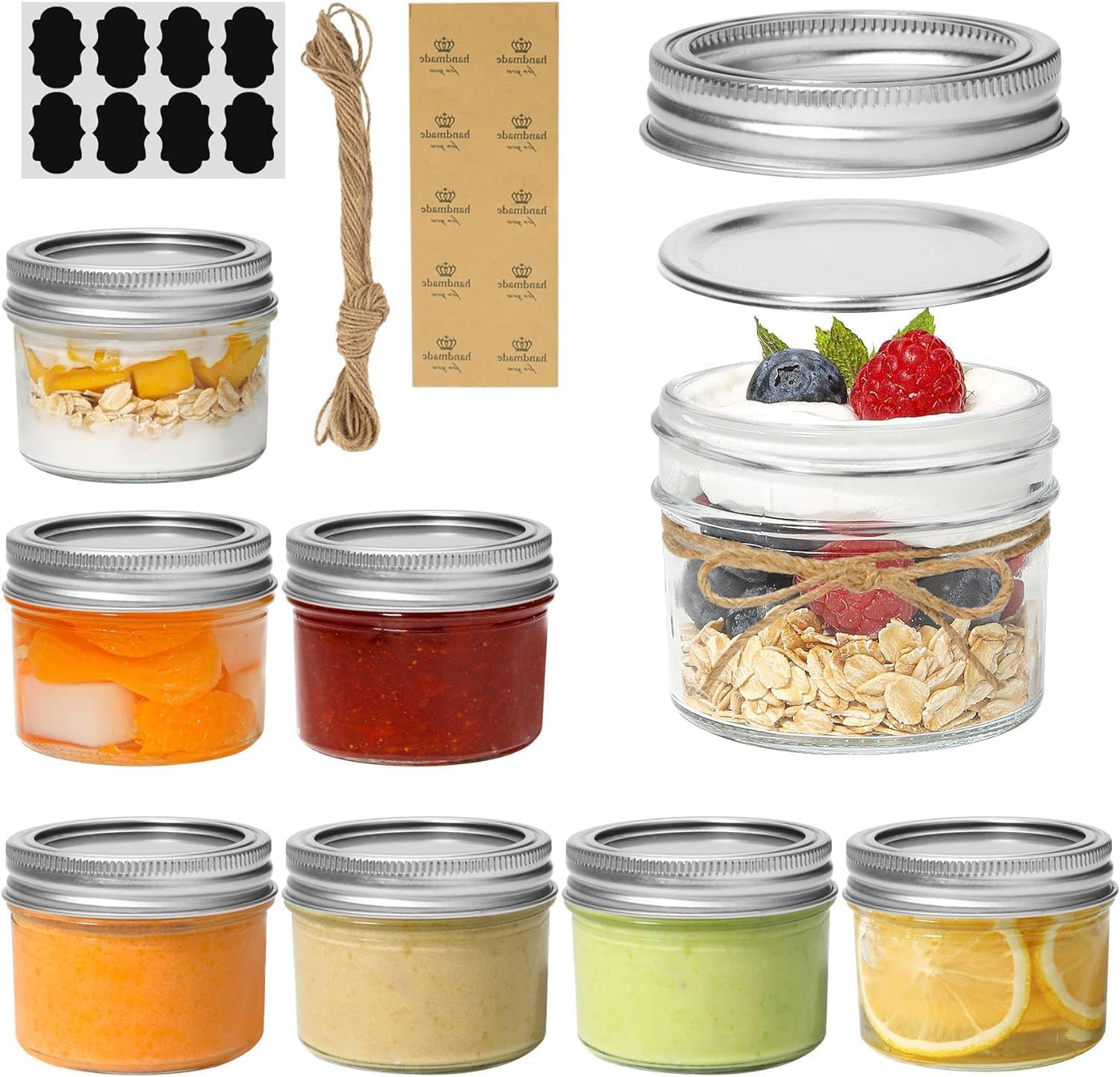 LATERN 8Pcs Mini Mason Jars, 120ml Regular Mouth Mason Jar Small Glass Canning Jar with Lids, Seal Bands, Labels and Rope - for Spice Jam Honey Jelly Dessert Shower Wedding Favors DIY Candles Decor
