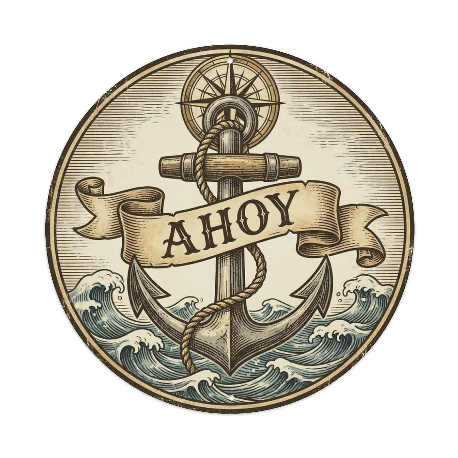 Ahoy Anchor Compass Rope High Seas Crest Metal Tin Sign