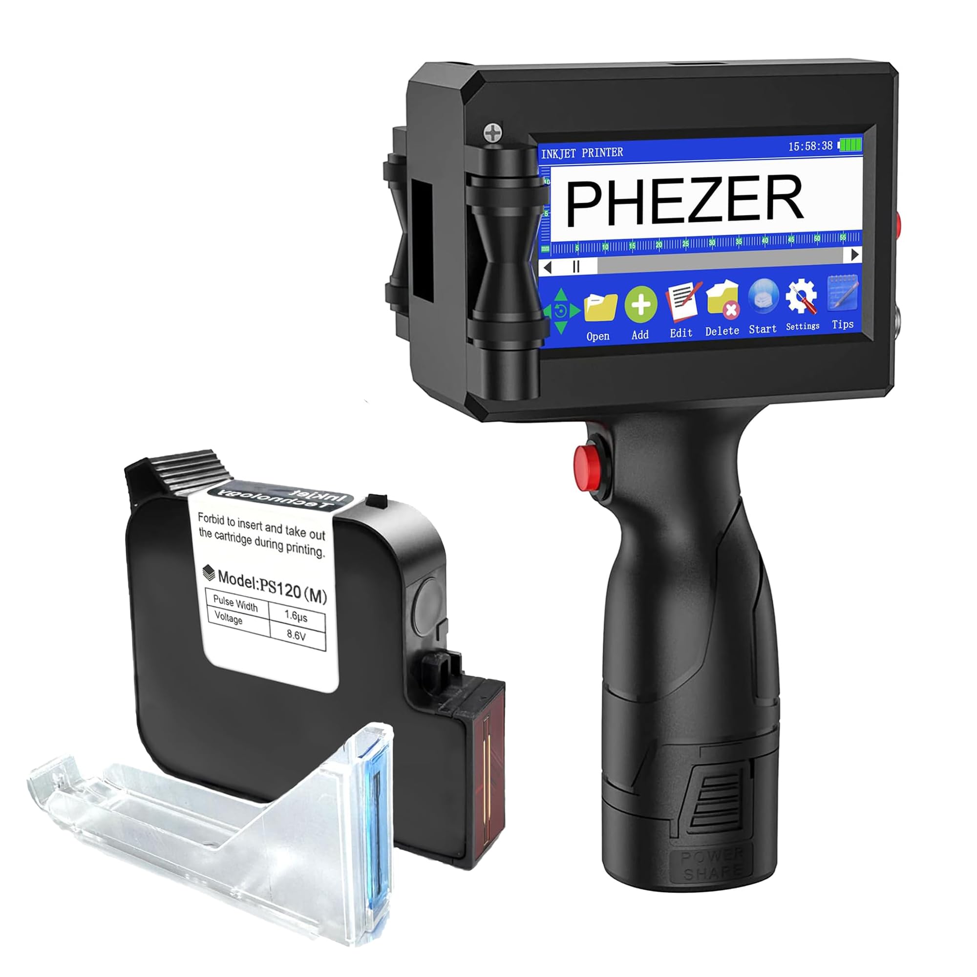 Phezer Hand-Tintenstrahldrucker für QRCode-Barcode-Produktionsdatum, Uhrzeit, Logo, Chargennummer, Druck auf Glasbeutel, Karton, Stoff, Kunststoffkabel auf flacher Oberfläche (P15-1-Drucker)