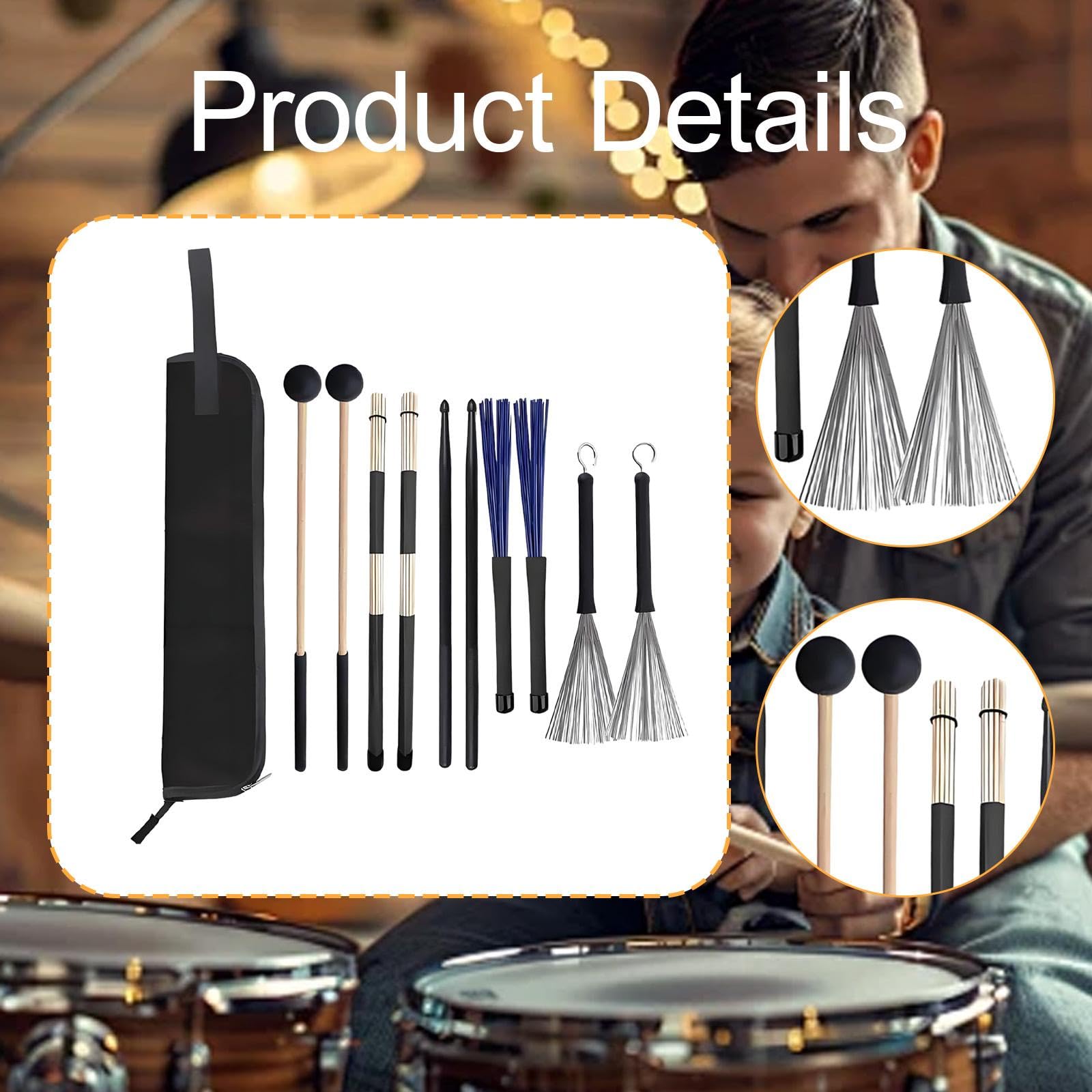 Generic Set di Bacchette per Batteria, Spazzole in Metallo per Esercitarsi, Ideale per Appassionati di Musica E Amanti Del Folk.