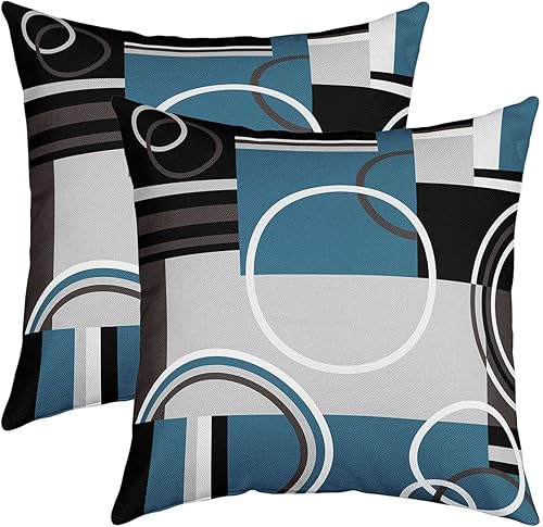 Juego de 2 fundas de almohada modernas de color turquesa a rayas grises negras azules geométricas de 18 x 18 pulgadas diseño de remolinos circulares