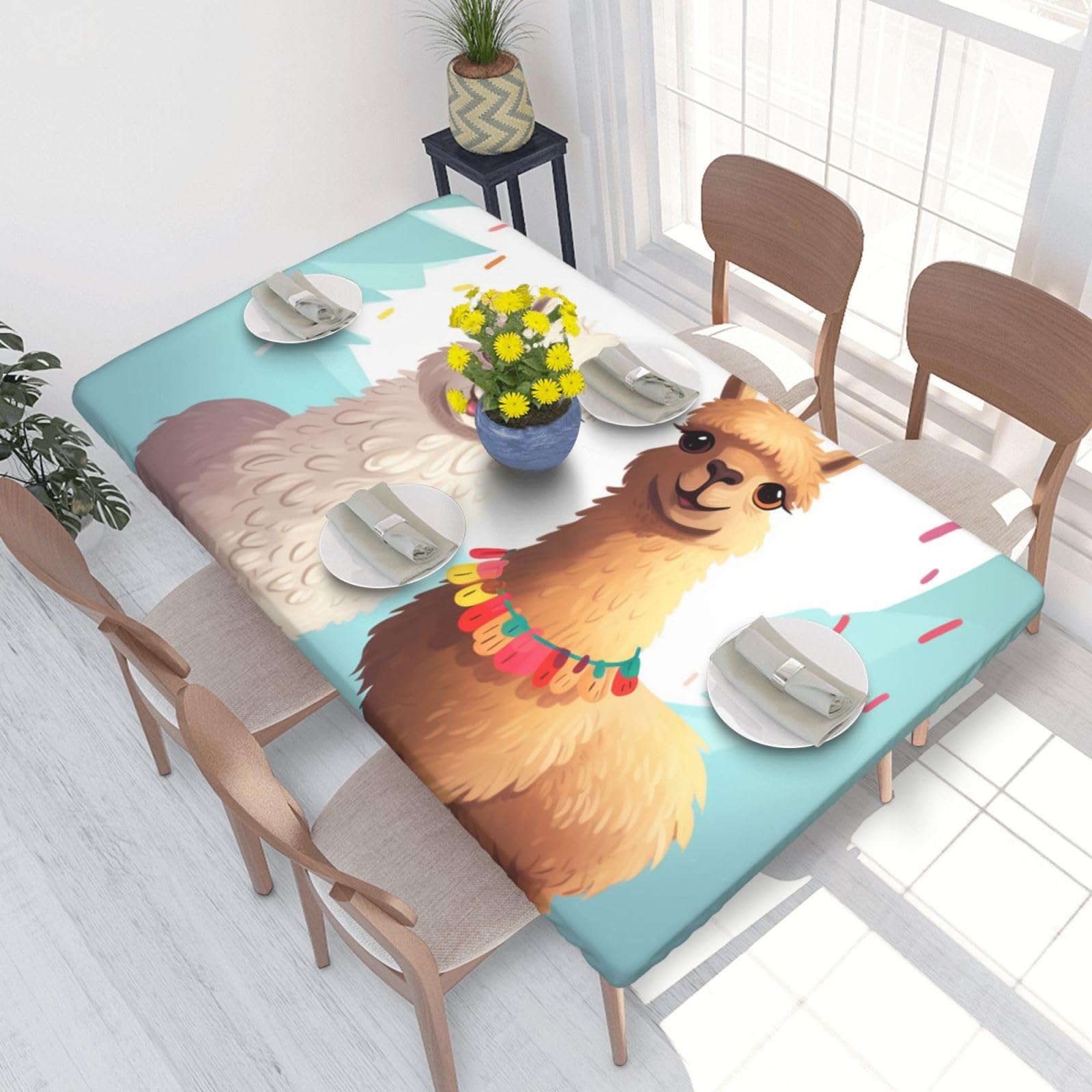 Llama Alpaca Waterproof Square Table Cover Elastic Fitted Tablecloth Oil Proof Table Protector For 4ft Table