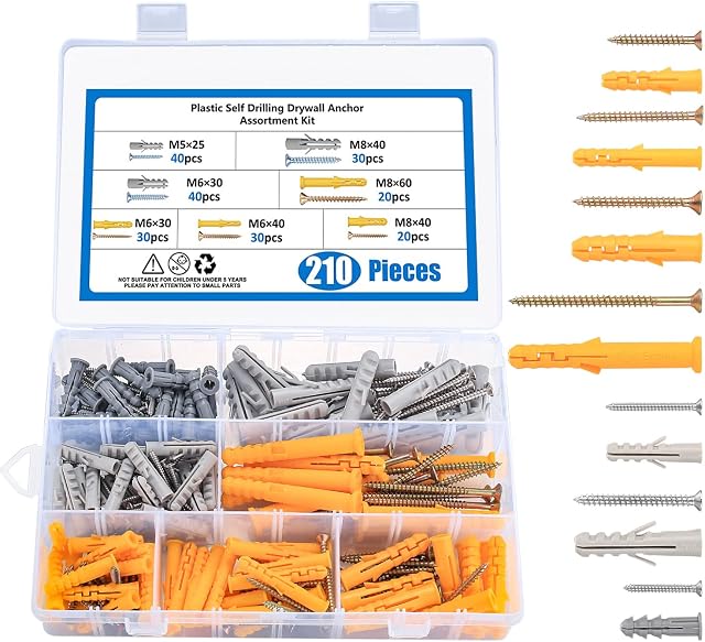 210 Pcs Wall Plugs and Screws Set, 7 Sizes Hollow Wall Anchor with Screws Assortment Kit, Masonry Brick Concrete Wall Fixings Self Drilling Screws and Wall Plugs Anchor Bolts - M5/M6/M8