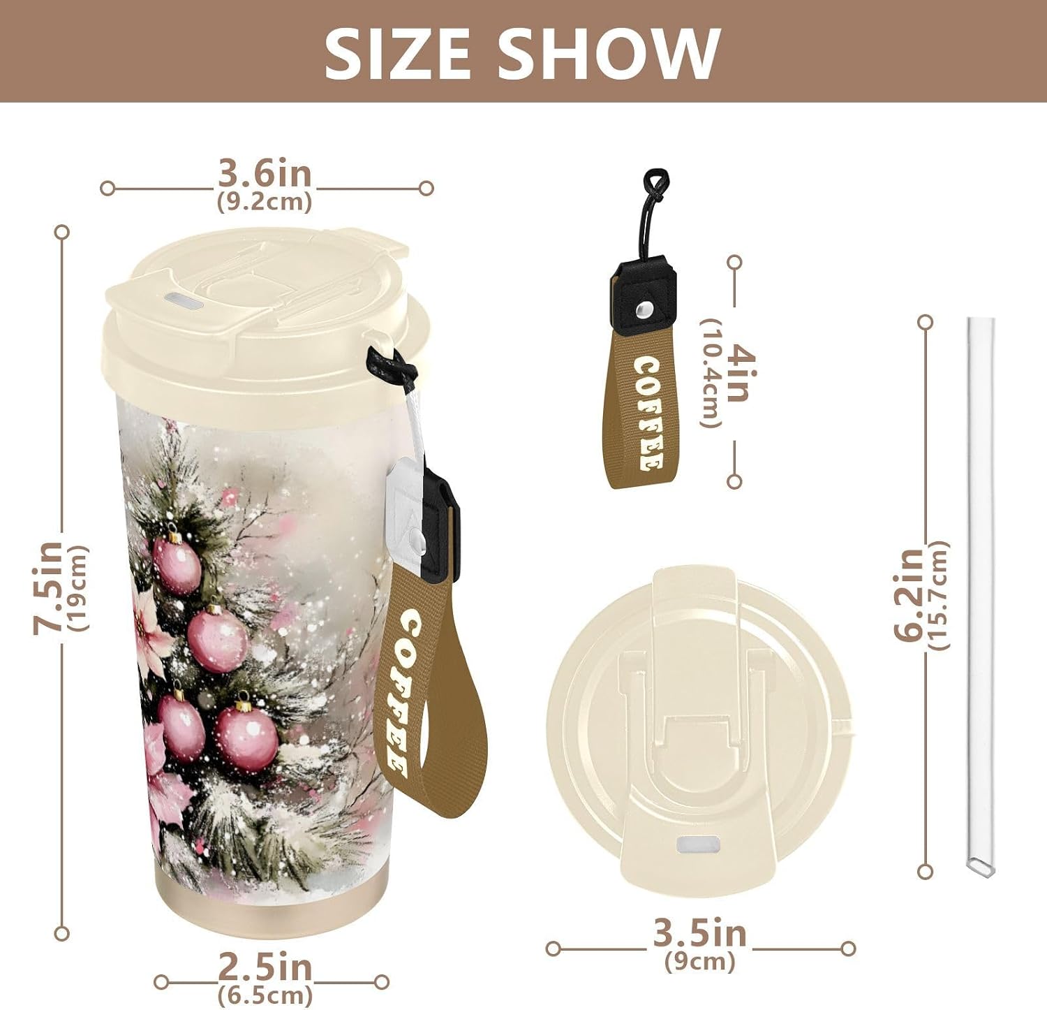 Christmas Tree Flower Snow Insulated Coffee Mug with Straw & Flip Lid, 16.9oz Iced Tumbler Cup, Double Wall Vacuum Leak-Proof Mug for Travel Office