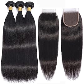 10A Straight Bundles with Closure 10 12 14 with 10 Inch 100% Unprocessed Brazilian Virgin Human Hair Weave 3 Bundles with 4x4 HD Lace Closure