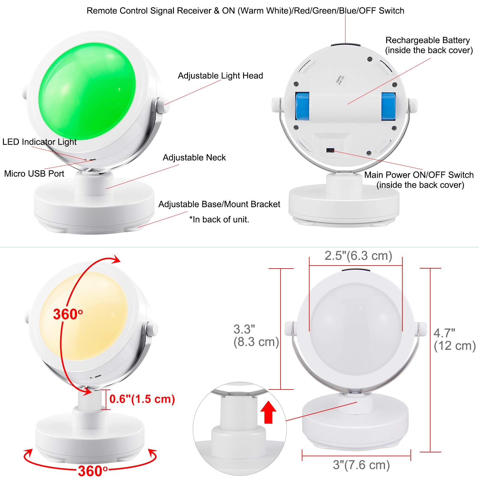 HONWELL LED Spot Lampe Drahtlose Deckenstrahler mit Fernbedienung, Wiederaufladbares Bilder mit beleuchtung Drehbar Licht Kopf, RGB Dartscheibe Beleuchtung für Spiegelanstrich Dartscheibe, Weiß