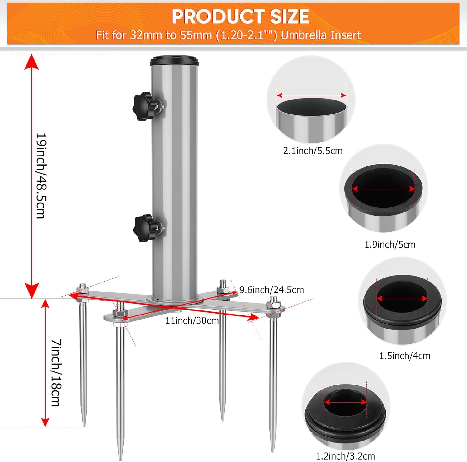 Removable Inground Umbrella Stand Anchor with 4 Spike, Metal Grass Umbrella Ground Stake, Outdoor in Ground Parasol Base Mount, Beach Umbrella Sand Anchor Holder for Beach,Sand,Yard,Lawn