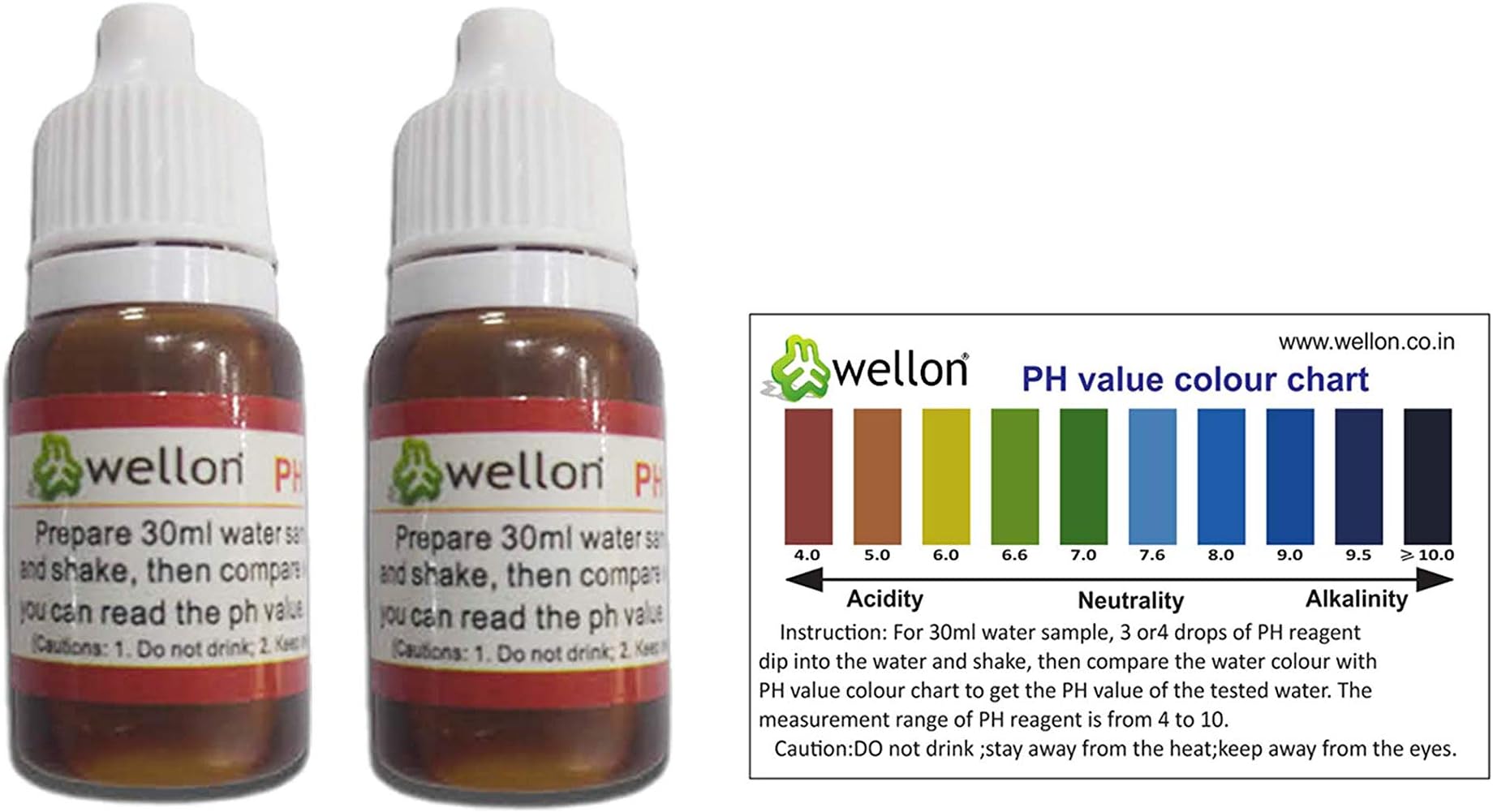 Wellon pH Drop for pH Testing and Alkaline level, for pH Water Testing with pH Color Chart, pH Test Kit, Litmus liquid (2 Bottle)