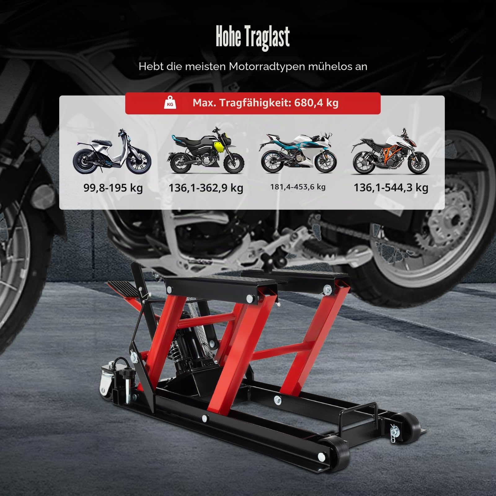 Motorrad Hebebühne, Motorradheber Hydraulik Scherenheber Hydraulische Quadheber, 680kg Maximale Belastung, Landemaschine Reparatur Motorradständer Höhenverstellung 11.5-37.5cm