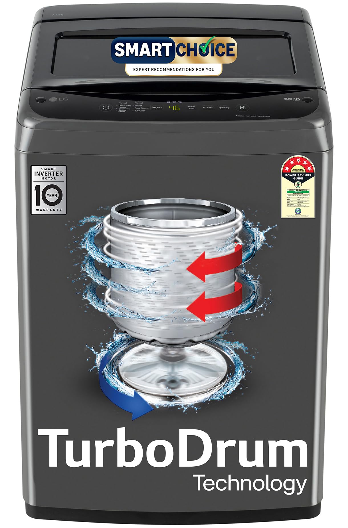 LG 7 Kg 5 Star Smart Inverter Technology Fully Automatic Top Load Washing Machine (T70VBMB1Z, Auto Prewash, Turbodrum, Stainless Steel drum, LED Display, Smart Diagnosis Middle Black)