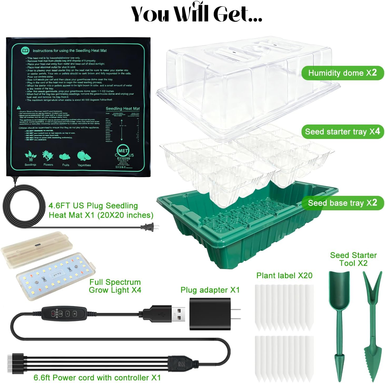 Seed Starter Trays with Grow Lights and Heat Mat, 2 Pack Seed Starter Kit with Humidity Dome and Timing Controller, Adjustable Vent and Brightness, Ideal Germination Tray for Seed Starting and Growing