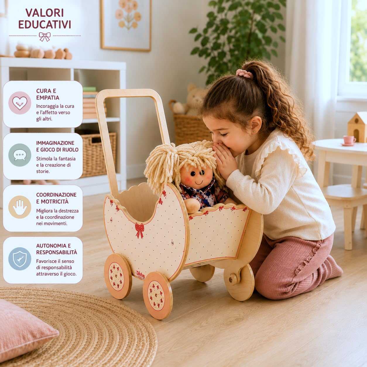 Dida - Landau en Bois pour Poupées Fiocco, Poussette pour Poupées jusqu'à 35 cm, Jeu de Rôle pour Enfants de 2 à 4 Ans, Parfait pour Petites Mamans et Papas, de Haute Qualité