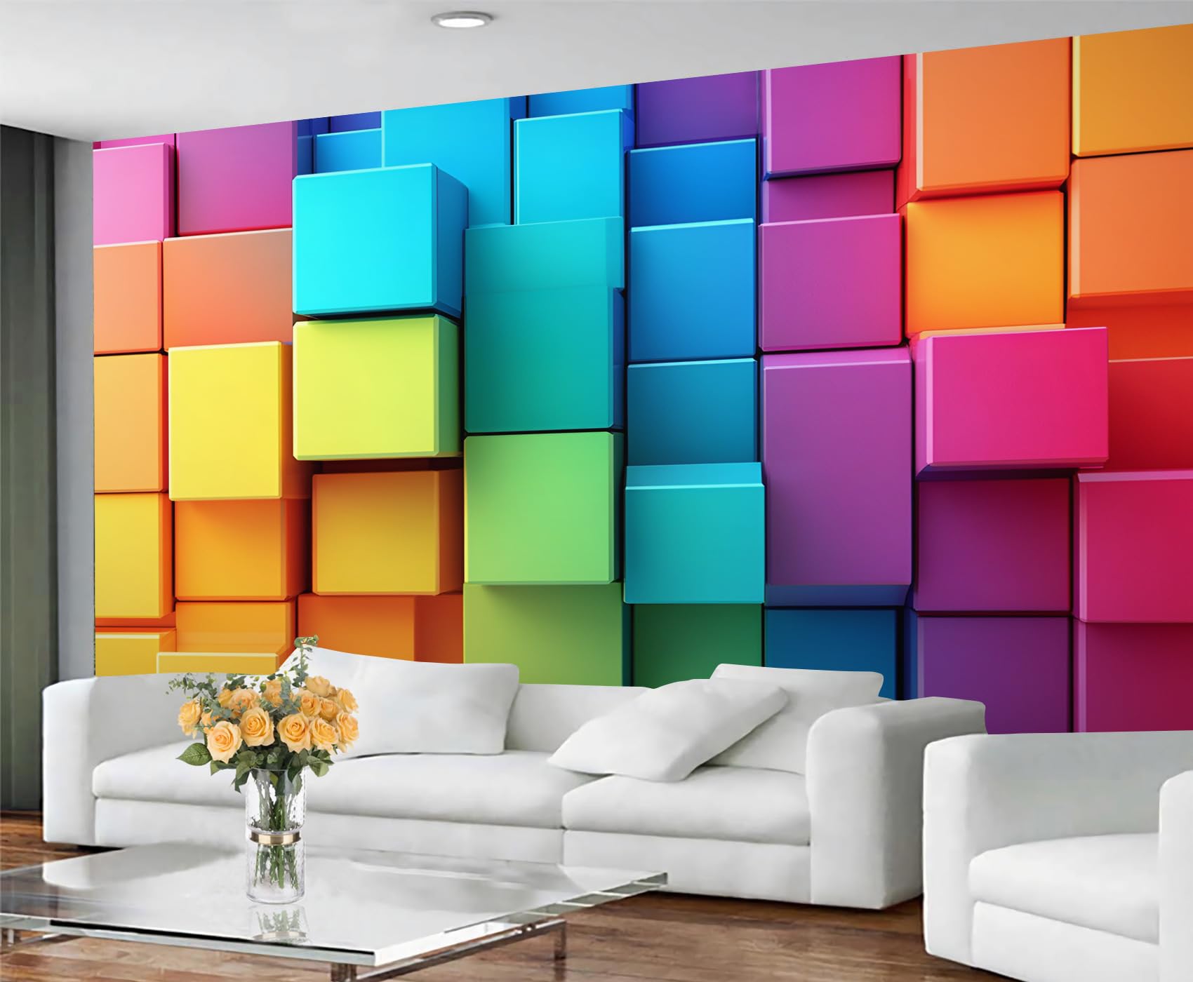 GIVLWF Rainbow Wallpaper, Colorful 3D Self Adhesive Wallpaper for Living Room, Geometric Wall Paper for Bedroom, Brick Block Wall Mural, Square Large Mural & Room Decor โ image 1