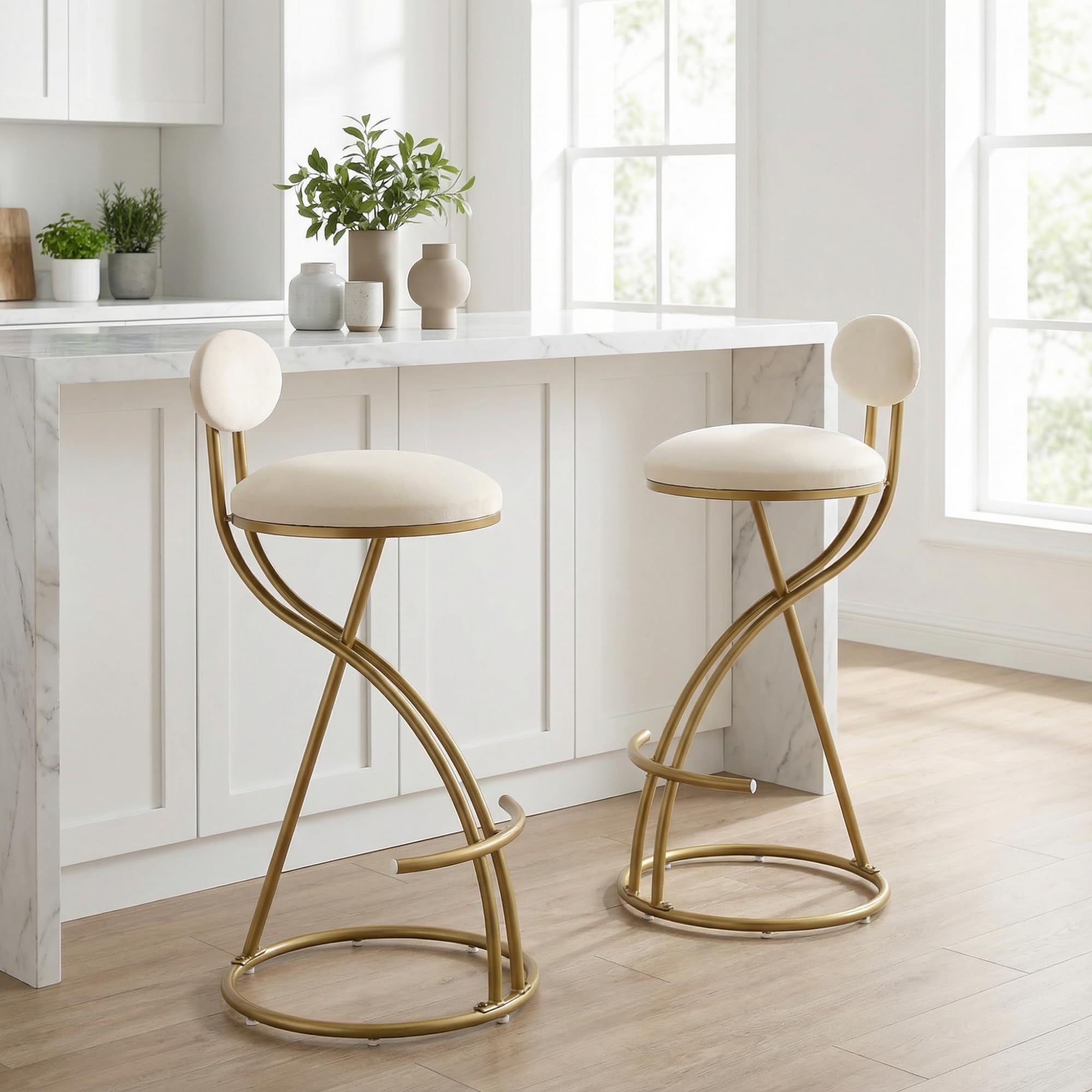 bar stools set of 2, counter height bar stools with back, upholstered bar stools with gold metal frame, modern counter stools with footrest and round base for kitchen island home bar