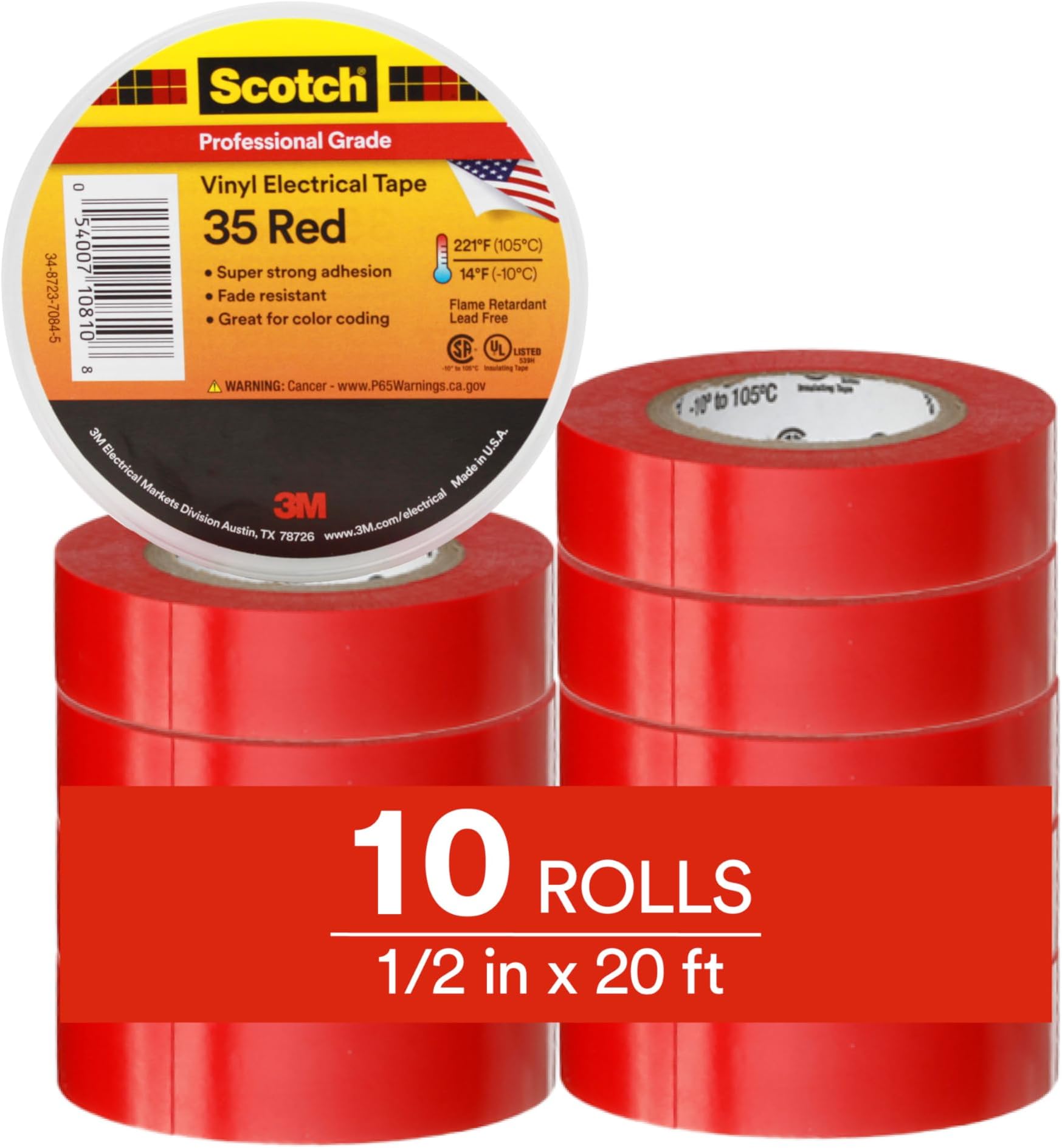 3M Scotch Vinyl Color Coding Electrical Tape 35, 1/2 in x 20 ft, 10 Short Rolls, Red, CSA Certified, UL Listed, Professional Grade, 7 mil Thick, Flame Retardant
