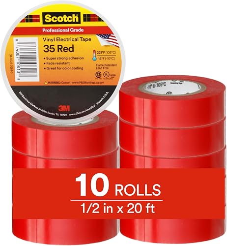 Scotch Electrical Tape 35, 1/2 in x 20 ft, 10 Short Rolls, Red | Vinyl Color Coding , 7 mil Thick, Premium Grade, Flame Retardant Tape, Color Coding, UL Listed, CSA Certified