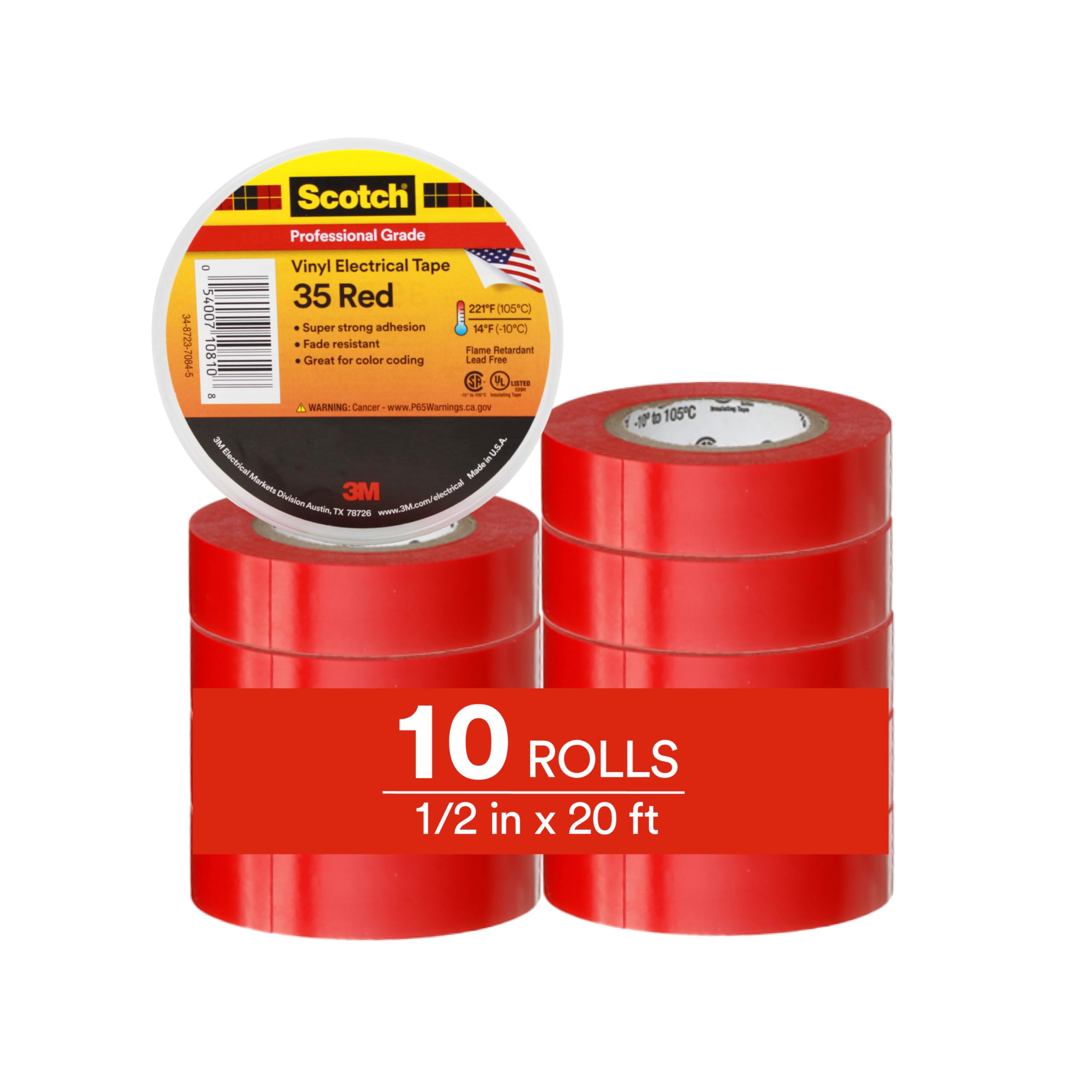 3M Scotch Vinyl Color Coding Electrical Tape 35, 1/2 in x 20 ft, 10 Short Rolls, Red, CSA Certified, UL Listed, Professional Grade, 7 mil Thick, Flame Retardant