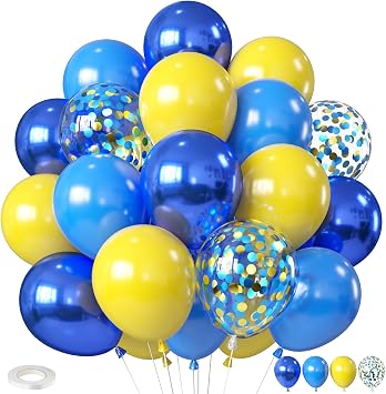 Yellow Blue Balloons, 12 Inches Blue Yellow Balloon Double Stuffed Metallic Blue Balloons with Confetti Ballons for Birthday Graduation Baby Shower Party Decoration