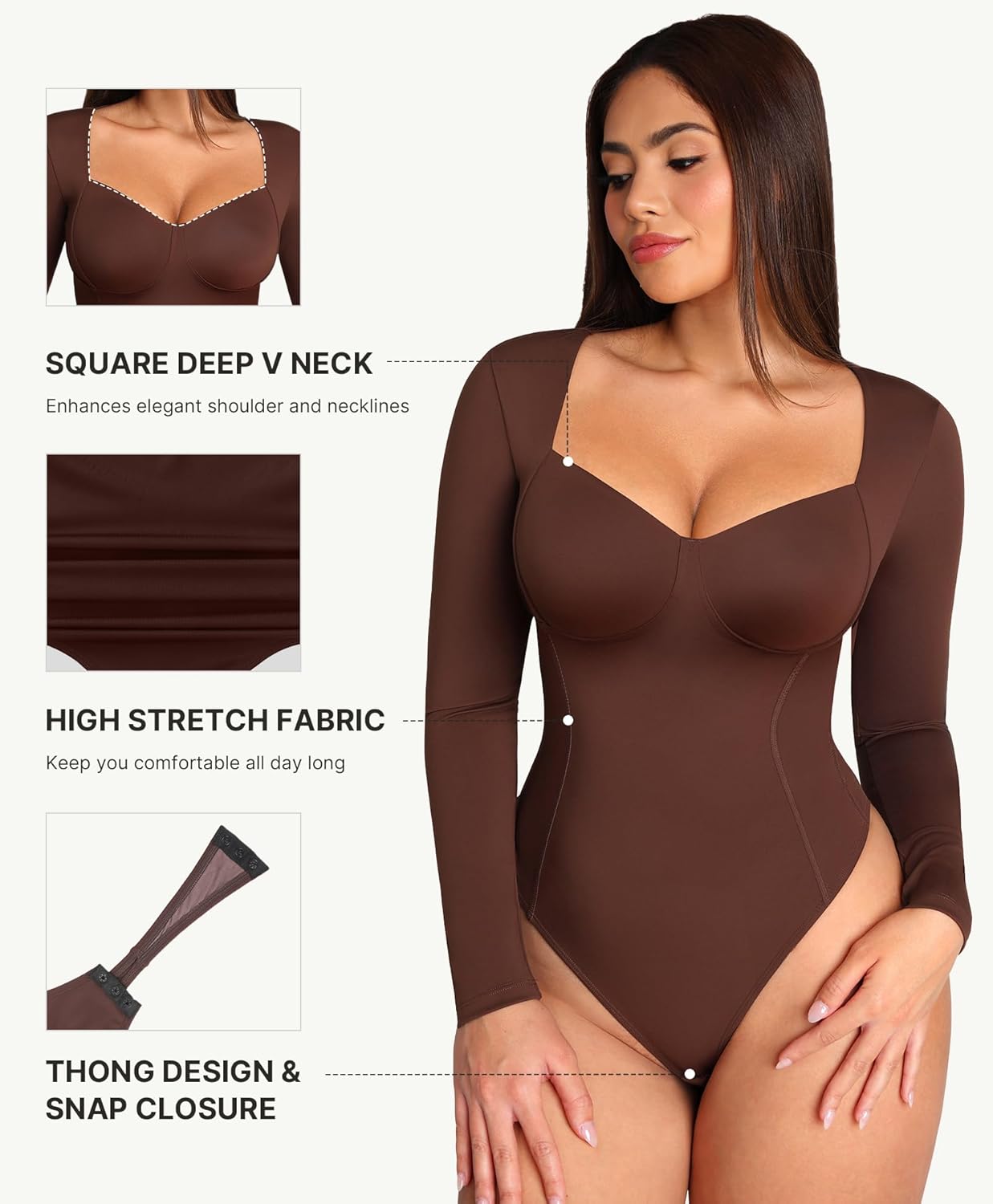 FeelinGirl Long Sleeve Shapewear Tummy Control for Women Thong Body Shaper Sweetheart Neckline Shapewear Bodysuits - Image 5
