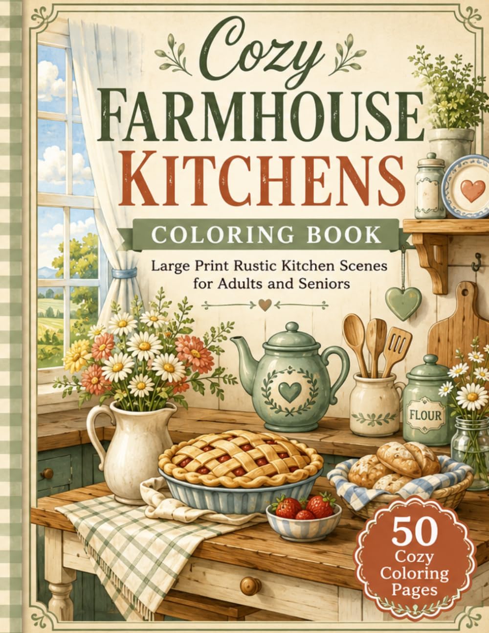 Cozy Farmhouse Kitchens Coloring Book: Large Print Rustic Kitchen Scenes for Adults and Seniors
