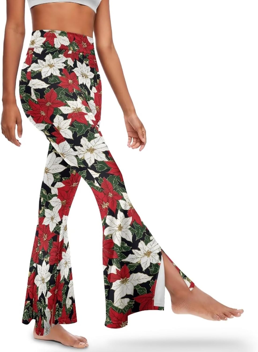 Women's Christmas Yoga Pants High Waist Flare Leggings Slit Yoga Leggings Tummy Control Workout Pants Sports Tight