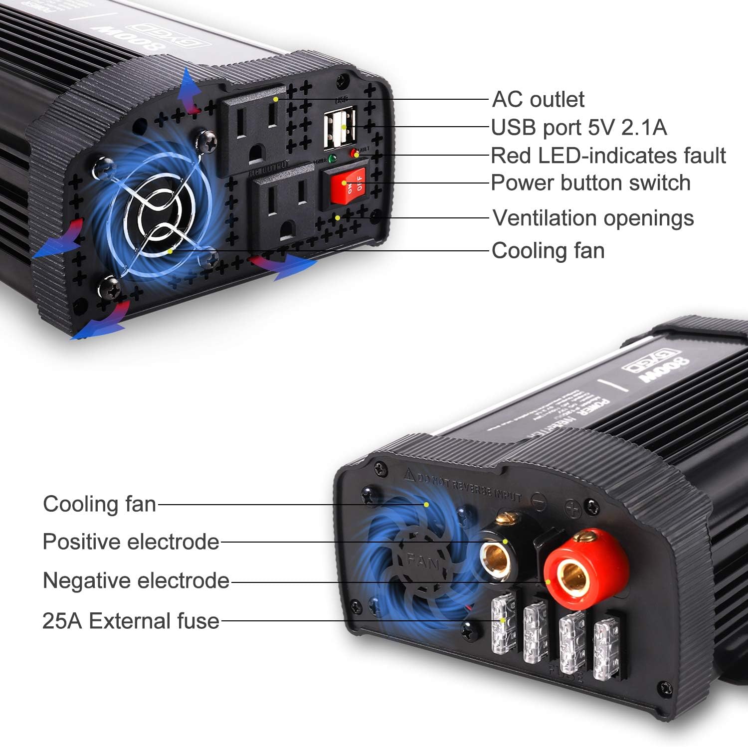 BYGD 800W Power Inverter Converter12v DC to 110v AC Inverter Car Plug Adapter Outlet Charger with Dual AC Outlet and 2 Quick Charging USB Ports for Vehicles, Power Inversor 800 Watts.