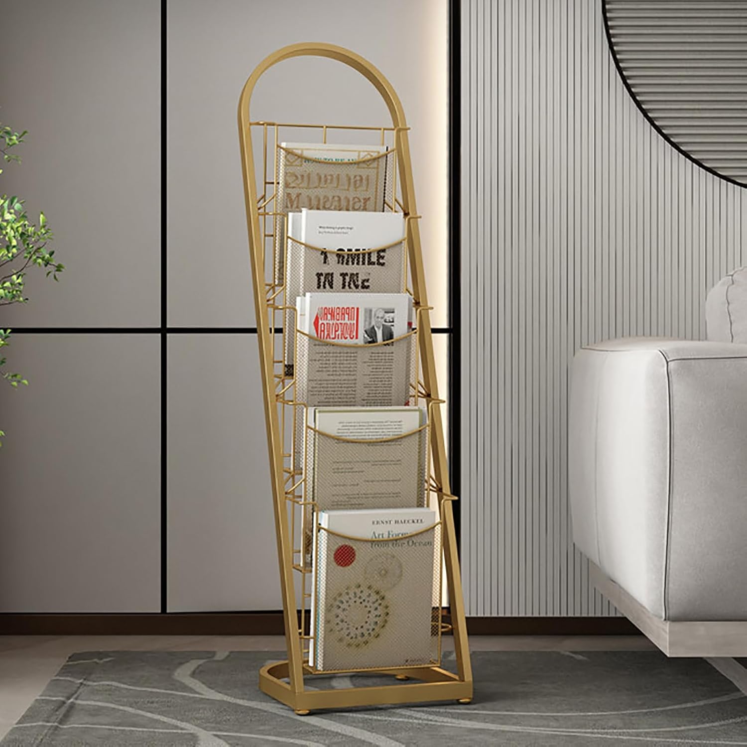 Metal Brochure Display Rack, 4 Tier Floor Organizer for Newspapers, Catalogs and Flyers, Freestanding Literature Stand for Requiring Information Display gold