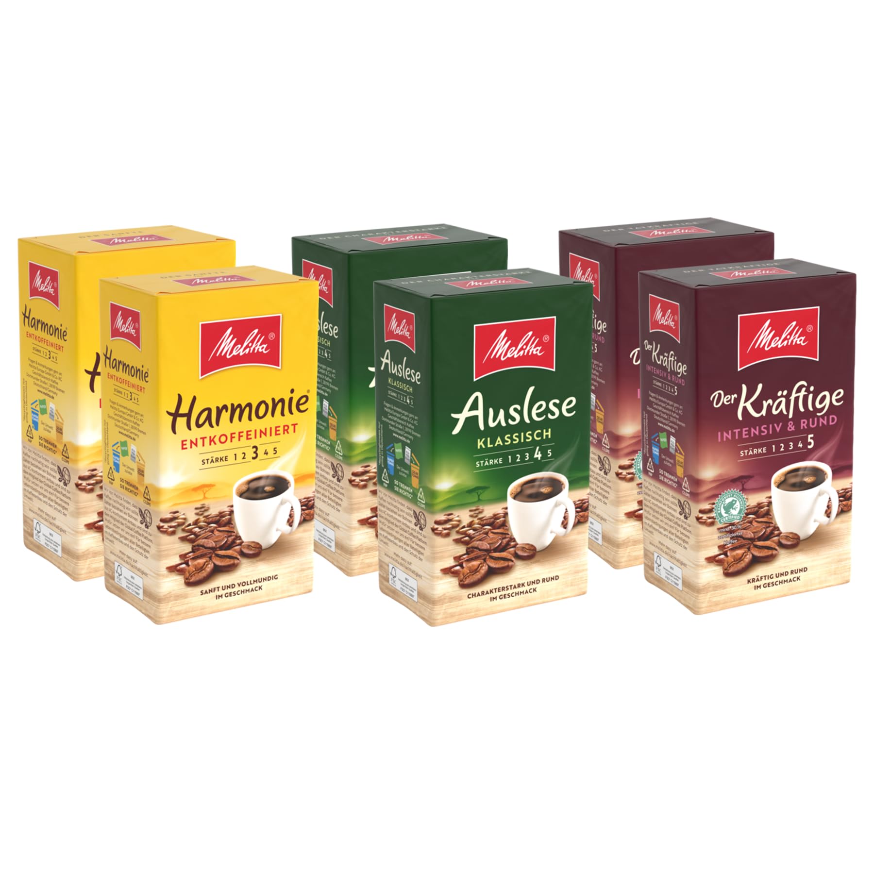 Melitta Probierpaket Filter-Kaffee 6 x 500g, gemahlen, Pulver für Filterkaffeemaschinen, sanfte und starke Röstung, geröstet in Deutschland