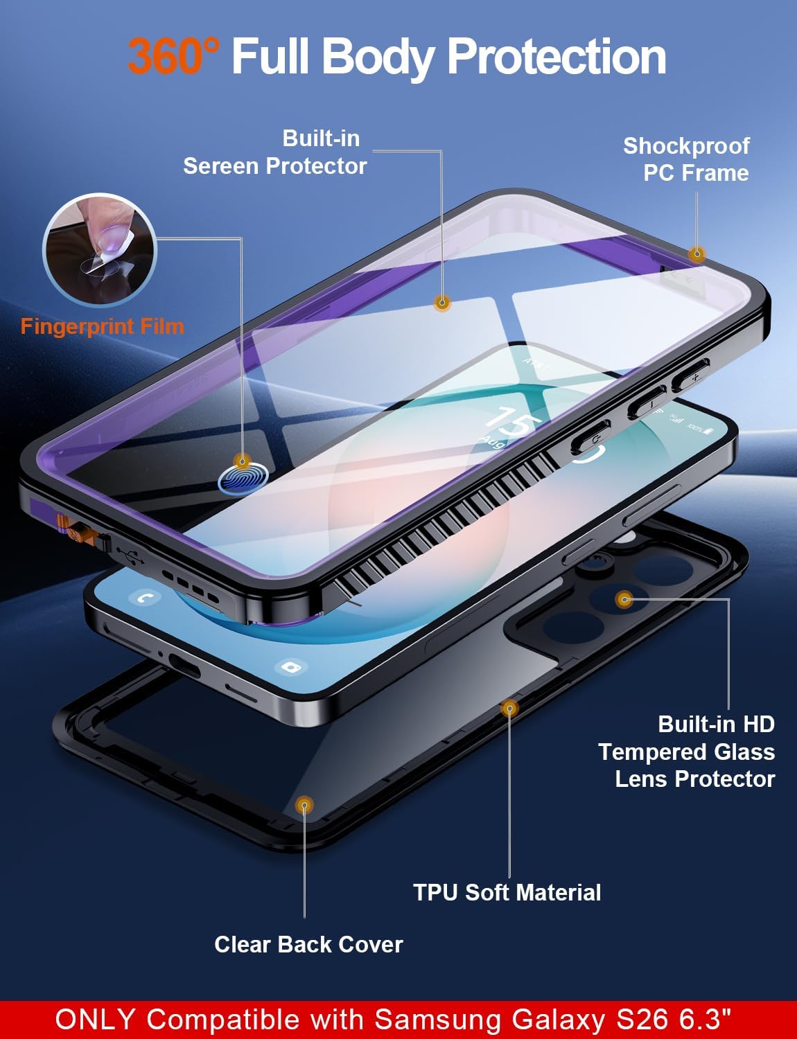 MOZOTER Designed for Samsung Galaxy S26 Case Waterproof, Military Shockproof Full Body Cover with Built-in Screen & Lens Protector, IP68 Underwater Protection for S26 6.3" Purple