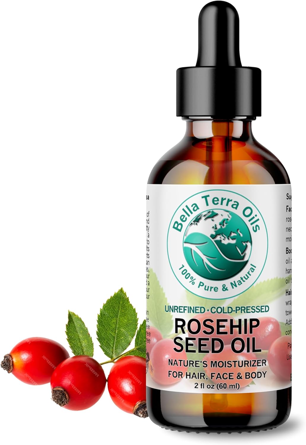 Bella Terra Oils – Organic Rosehip Seed Oil 2 oz – Cold-Pressed Elixir, Rich in Vitamin A, C, & E, Linoleic & Alpha-Linolenic Acid, Perfect Facial Emollient