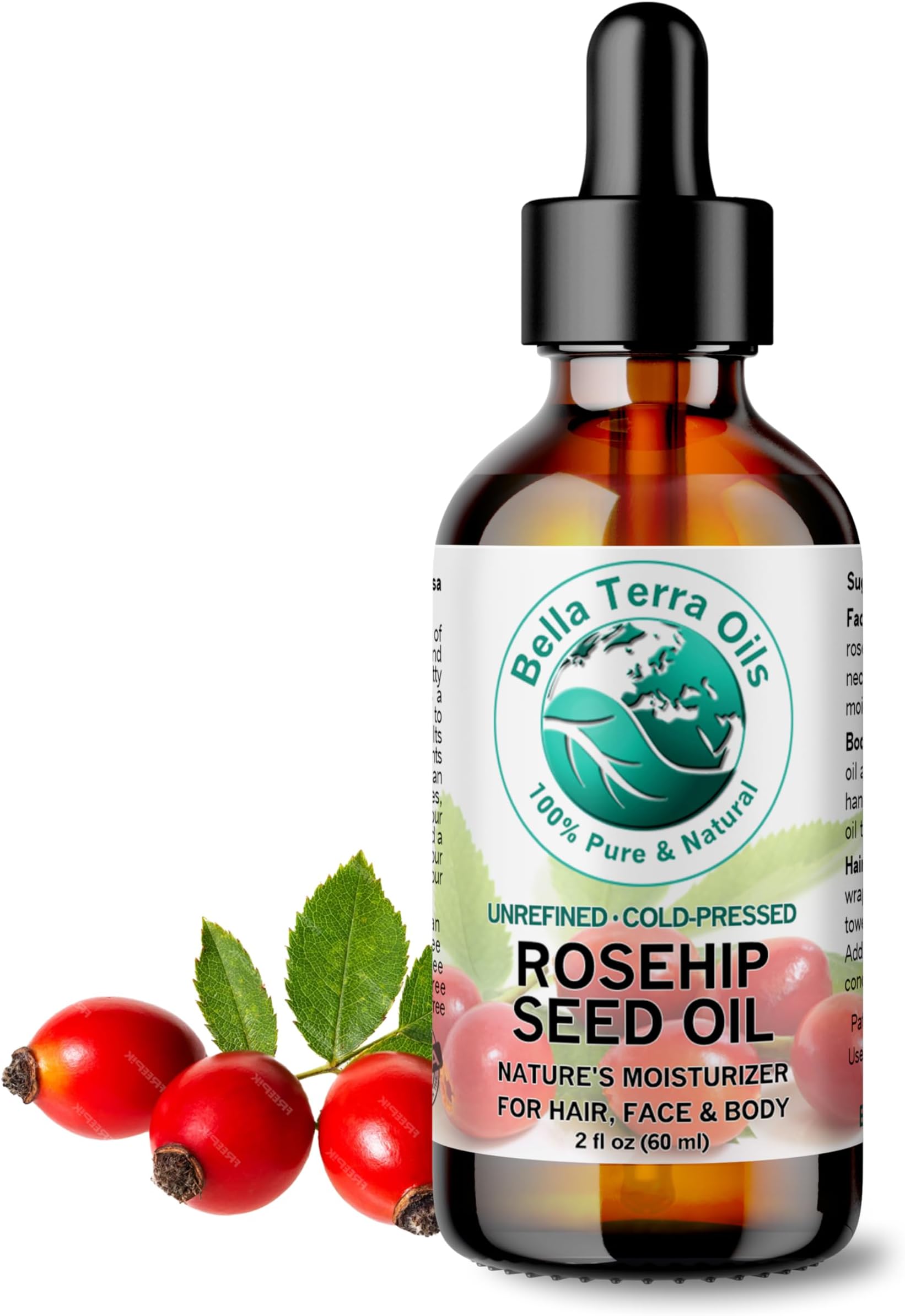 Bella Terra OilsOrganic Rosehip Seed Oil 2 oz - Cold-Pressed Elixir, Rich in Vitamin A, C, & E, Linoleic & Alpha-Linolenic Acid, Perfect Facial Emollient[Amazon-developed Certification] Compact by Design