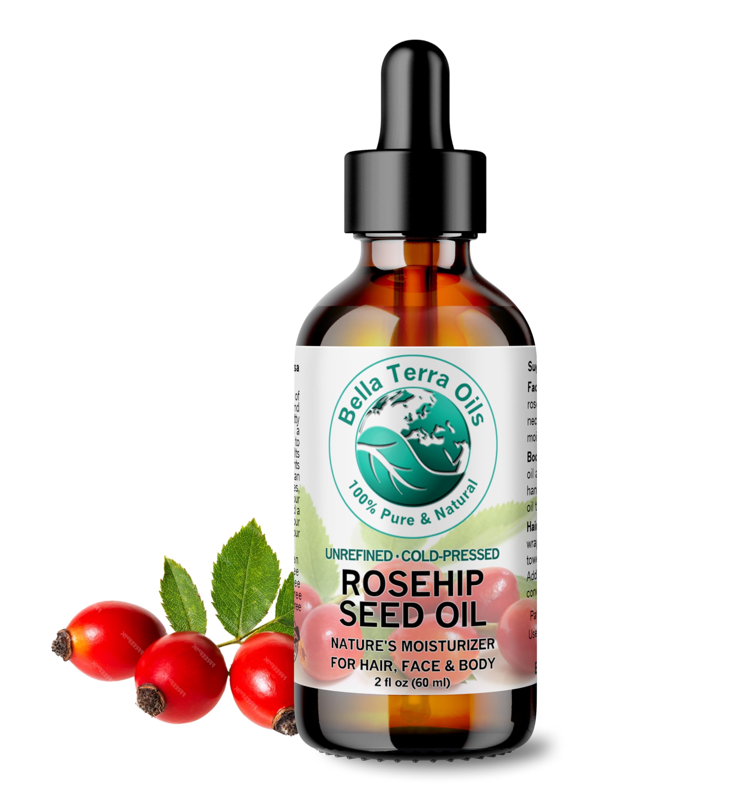 Bella Terra OilsOrganic Rosehip Seed Oil 2 oz - Cold-Pressed Elixir, Rich in Vitamin A, C, & E, Linoleic & Alpha-Linolenic Acid, Perfect Facial Emollient[Amazon-developed Certification] Compact by Design
