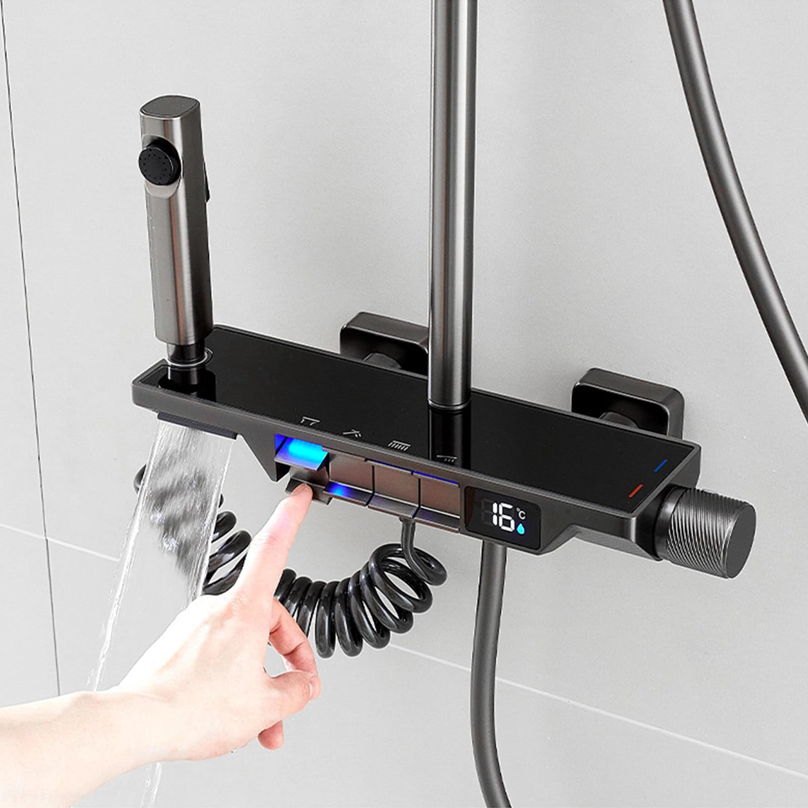 Set Rubinetto Doccia Grigio con Display della Temperatura, Miscelatore a 4 funzioni, soffione a Pioggia, doccetta, doccetta Bidet, beccuccio per Vasca.