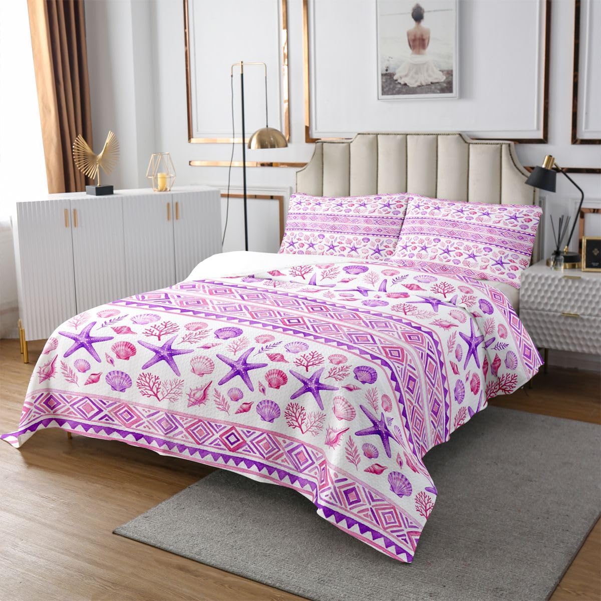 Homewish Retro Purple Grid Quilt Sets Twin Size,Starfish Shell Bedspread Coverlet 2Pcs for Kids Girls Boys Room Decor,Seaweed Coral Quilts Set Fantasy Underwater World Bedding Comforter,1 Pillowcase