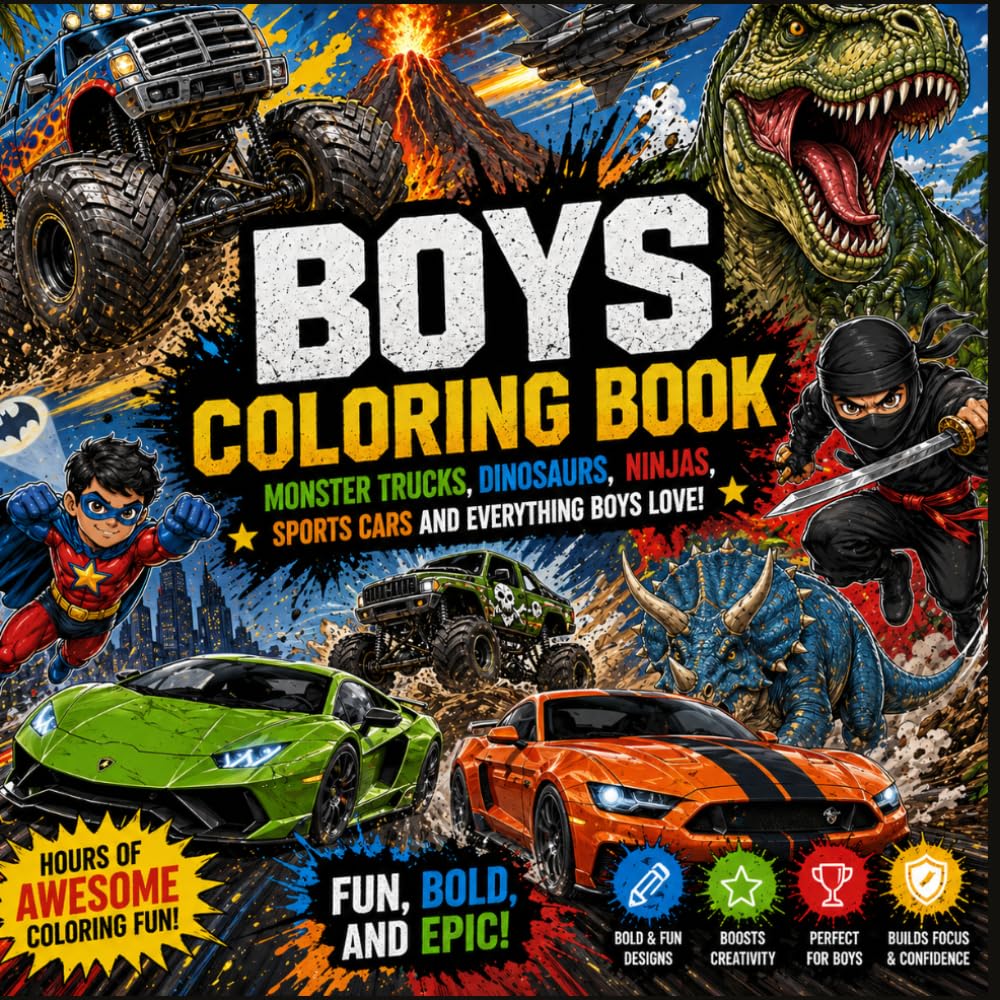 Boys Coloring Book for Kids ages 4-8: Big Trucks, Cars, Construction Vehicles & Easy Fun Pages