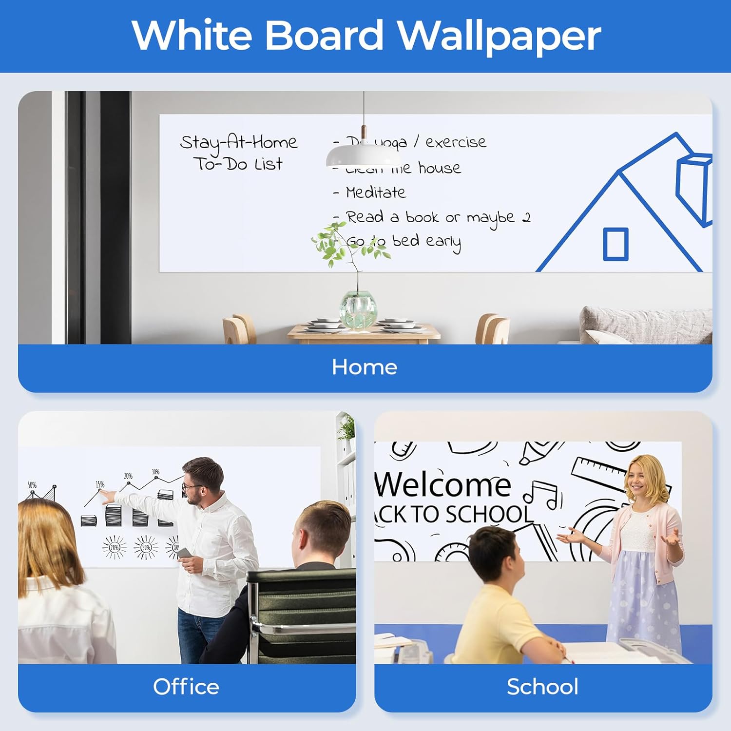 M&G White Board Wallpaper Dry Erase Board for Wall, 3.8 ft x 8 ft Whiteboard Peel and Stick Wallpaper, Dry Erase Contact Paper with 3 Markers and Wipe Out Cloth (Inside The Roll), No Ghosting